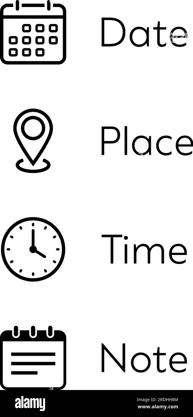 Date, Place, Time and Note icons for business meeting card or web