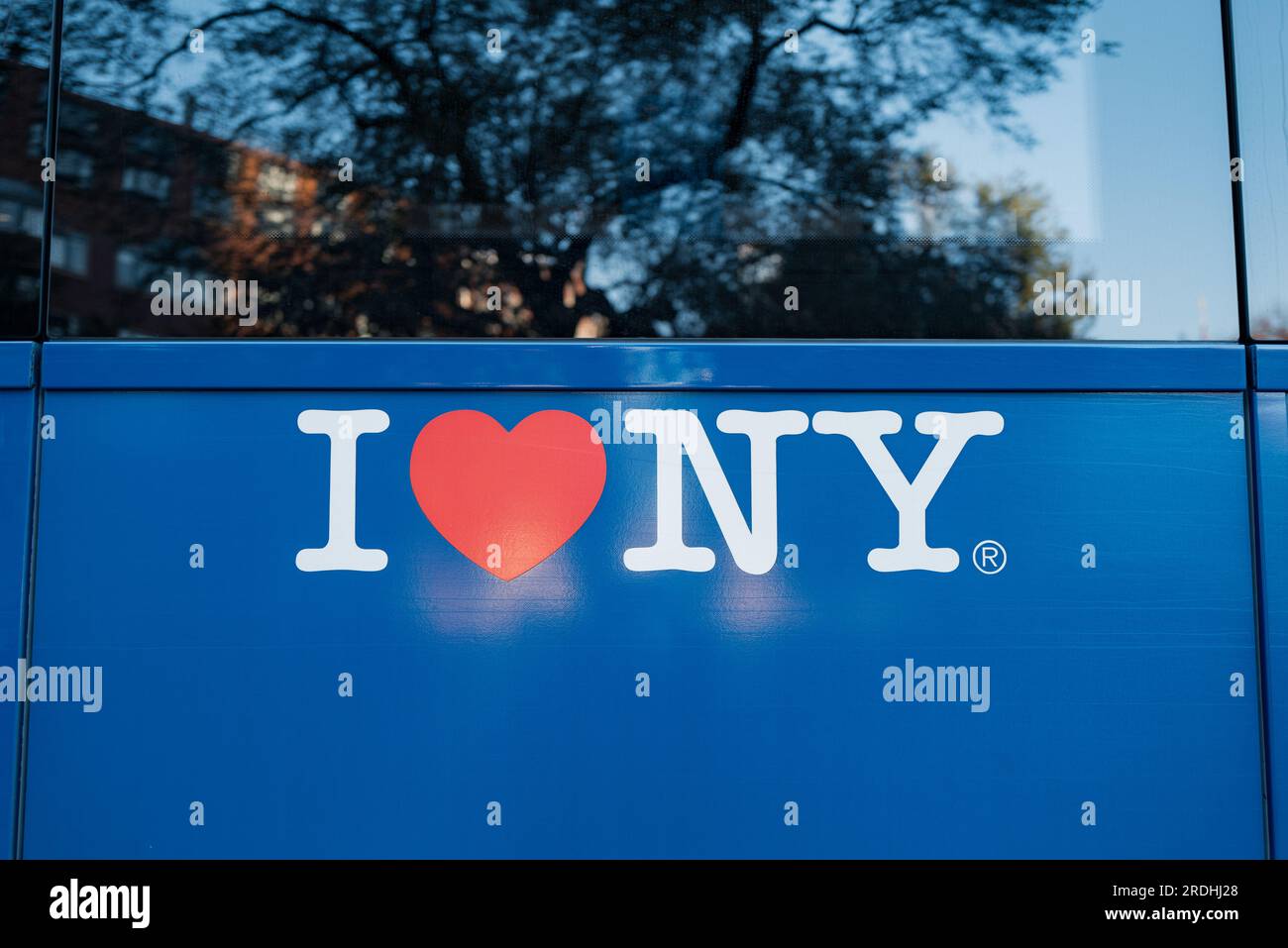 November 23, 2022 - New York, USA: I Love NY sign on a New York City Bus in Manhattan. MTA buses cover most routes within the City of New York. Stock Photo