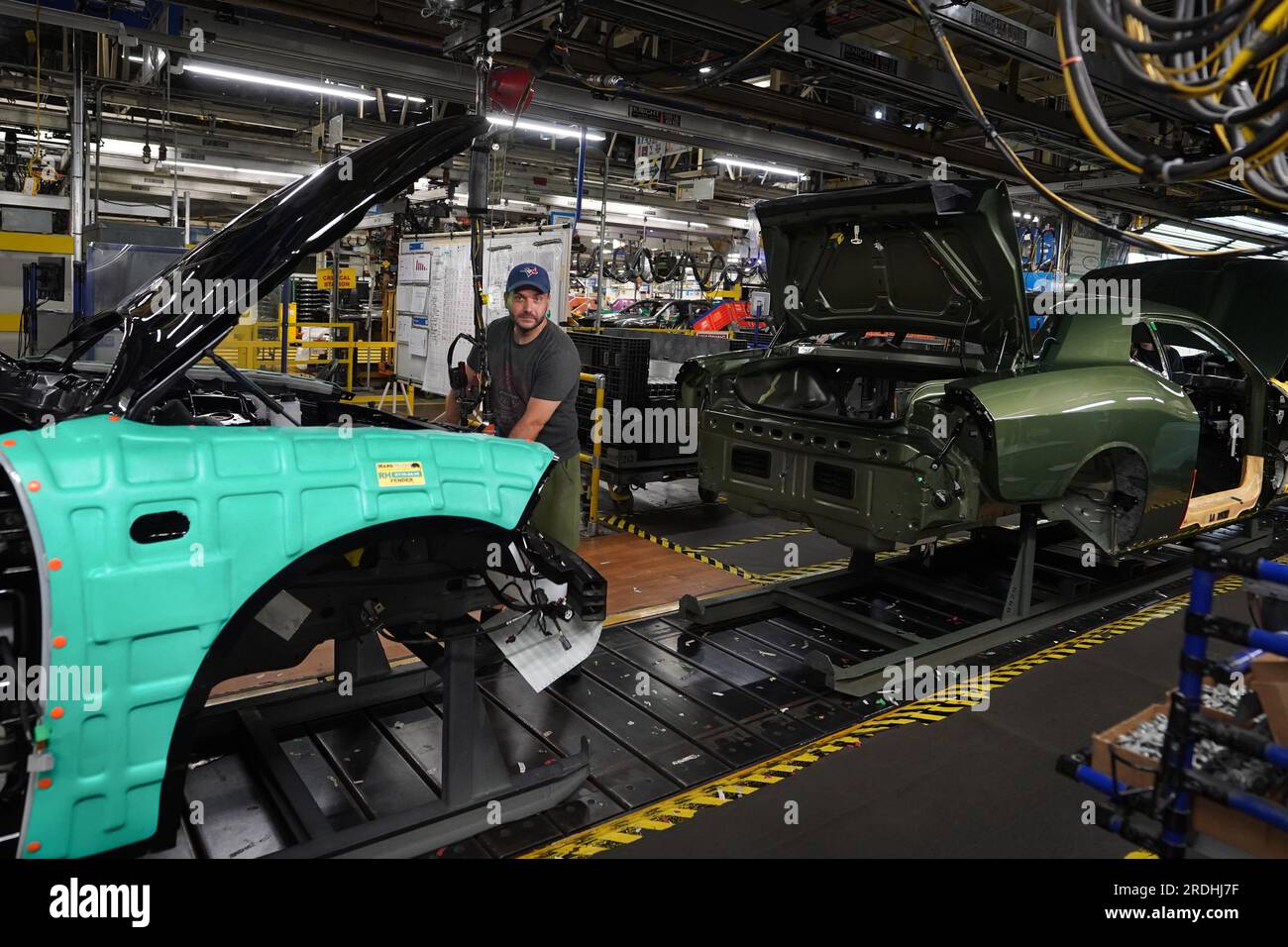 Brampton, Can. 21st July, 2023. Cars pass along the assembly line at