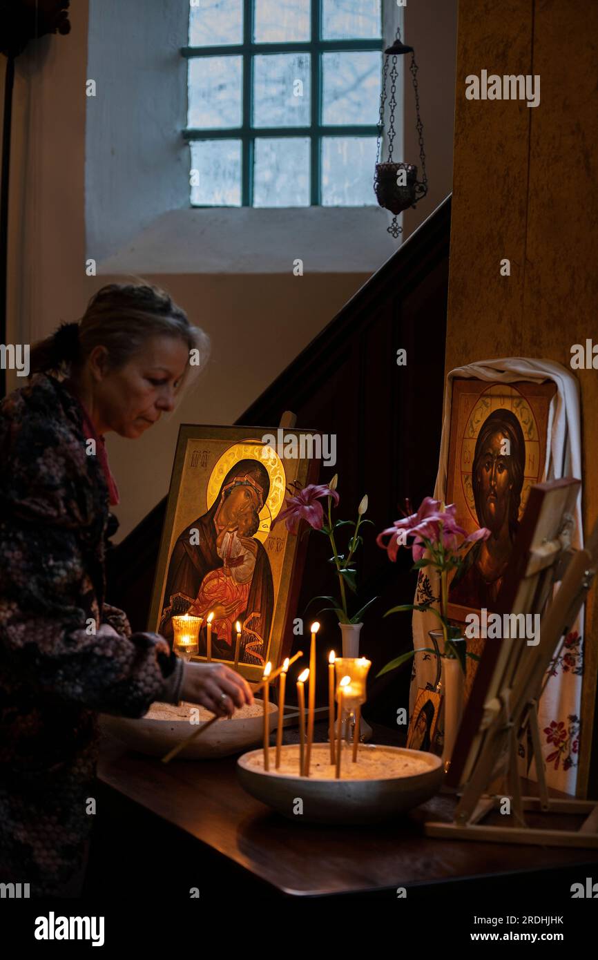 Lettelbert's church is an icon studio, where painting and teaching takes place in the sacristy. Stock Photo