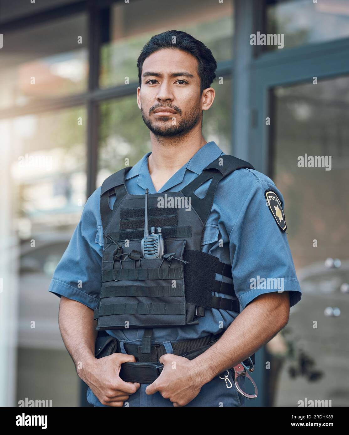 Security, police and portrait of man in city for justice, inspection