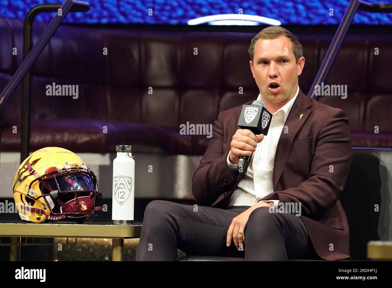 Arizona State head coach Kenny Dillingham speaks at an NCAA college  football Pac-12 media day Friday, July 21, 2023, in Las Vegas. (AP  Photo/Lucas Peltier Stock Photo - Alamy