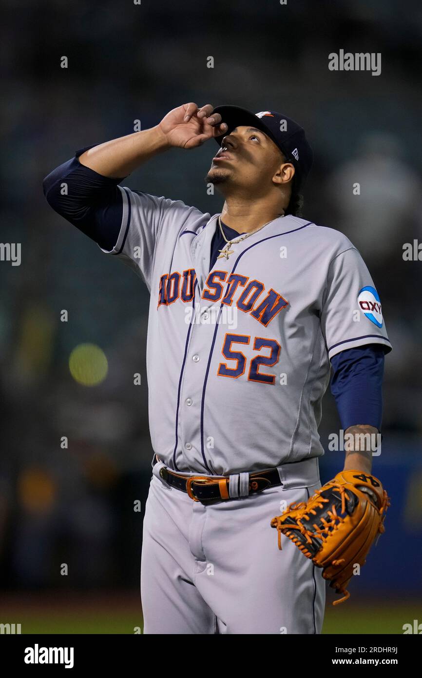 Houston Astros relief pitcher Bryan Abreu reacts after the last out of a  baseball game against the New York Yankees at Yankee Stadium, Sunday, Aug.  6, 2023, in New York. (AP Photo/Seth