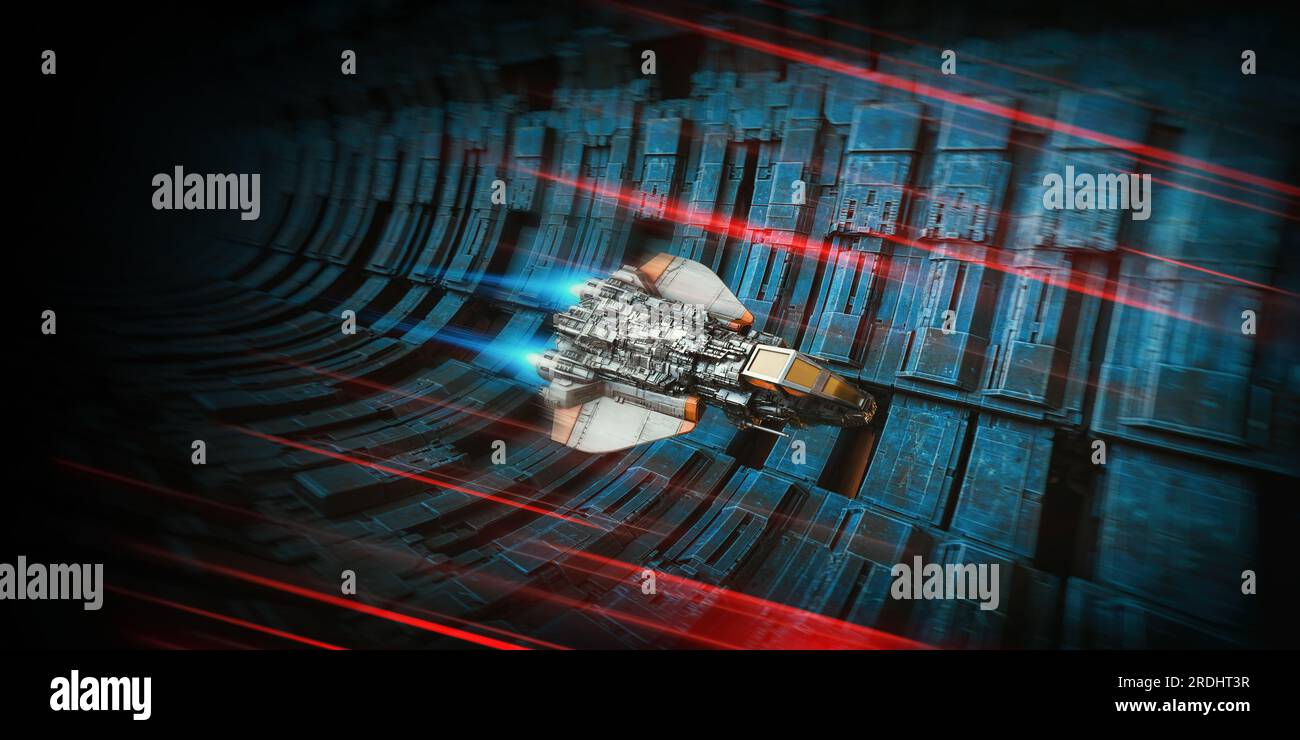 Scifi spaceship flies towards danger as red laser beams fly past in