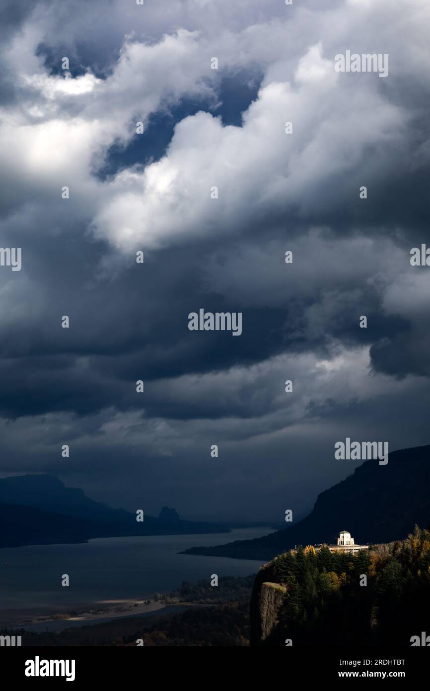 Passing storm clouds over Vista House and the Columbia River