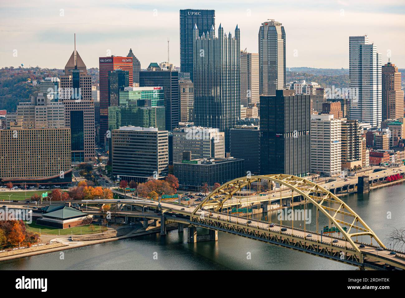 Aerial view of downtown Pittsburgh, the Monongahela River, and the Fort Pitt Bridge Stock Photo