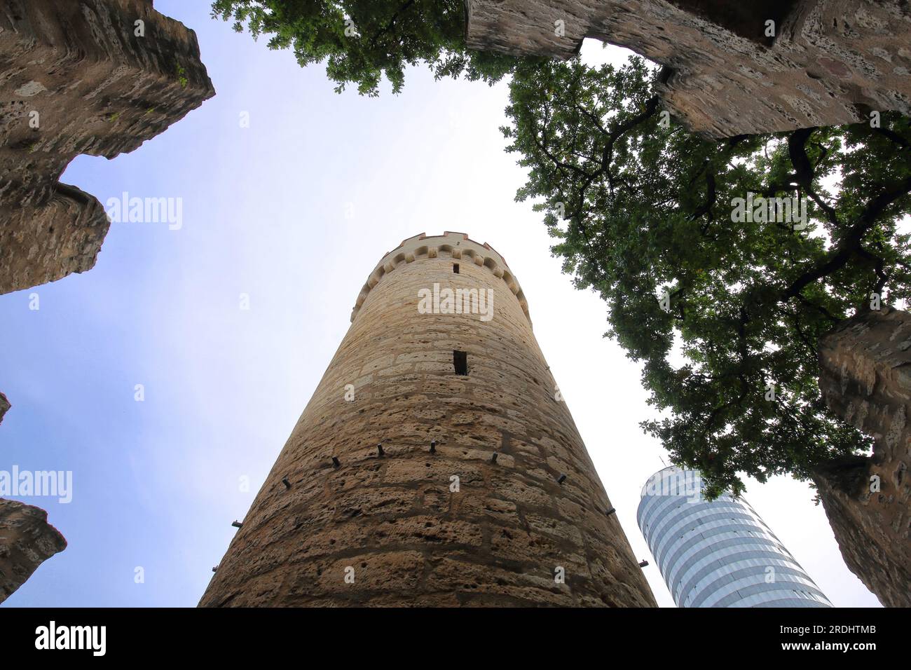 Looking up with historic Pulverturm, city fortifications and Jentower, Jena, Thuringia, Germany Stock Photo