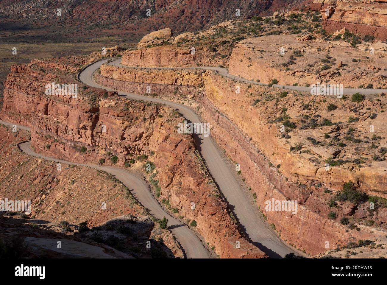 The Moki Dugway road in Utah, up from the valley floor via a treacherous road without railings. Stock Photo