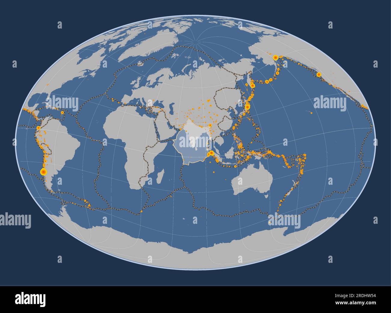 Indian tectonic plate on the solid contour map in the Fahey Oblique projection centered meridionally and latitudinally. Locations of earthquakes above Stock Vector