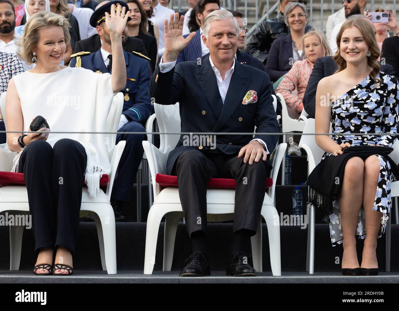 Brussels, Belgium. 21st July, 2023. Queen Mathilde of Belgium, King Philippe - Filip of Belgium and Crown Princess Elisabeth attend the concert and fireworks spectacle 'Belgium Celebrates - Belgie viert feest - La Belgique fait la fete' event, at the Parc du Cinquantenaire - Jubelpark, the evening of the Belgian National Day, in Brussels, Friday 21 July 2023. BELGA PHOTO BENOIT DOPPAGNE Credit: Belga News Agency/Alamy Live News Stock Photo