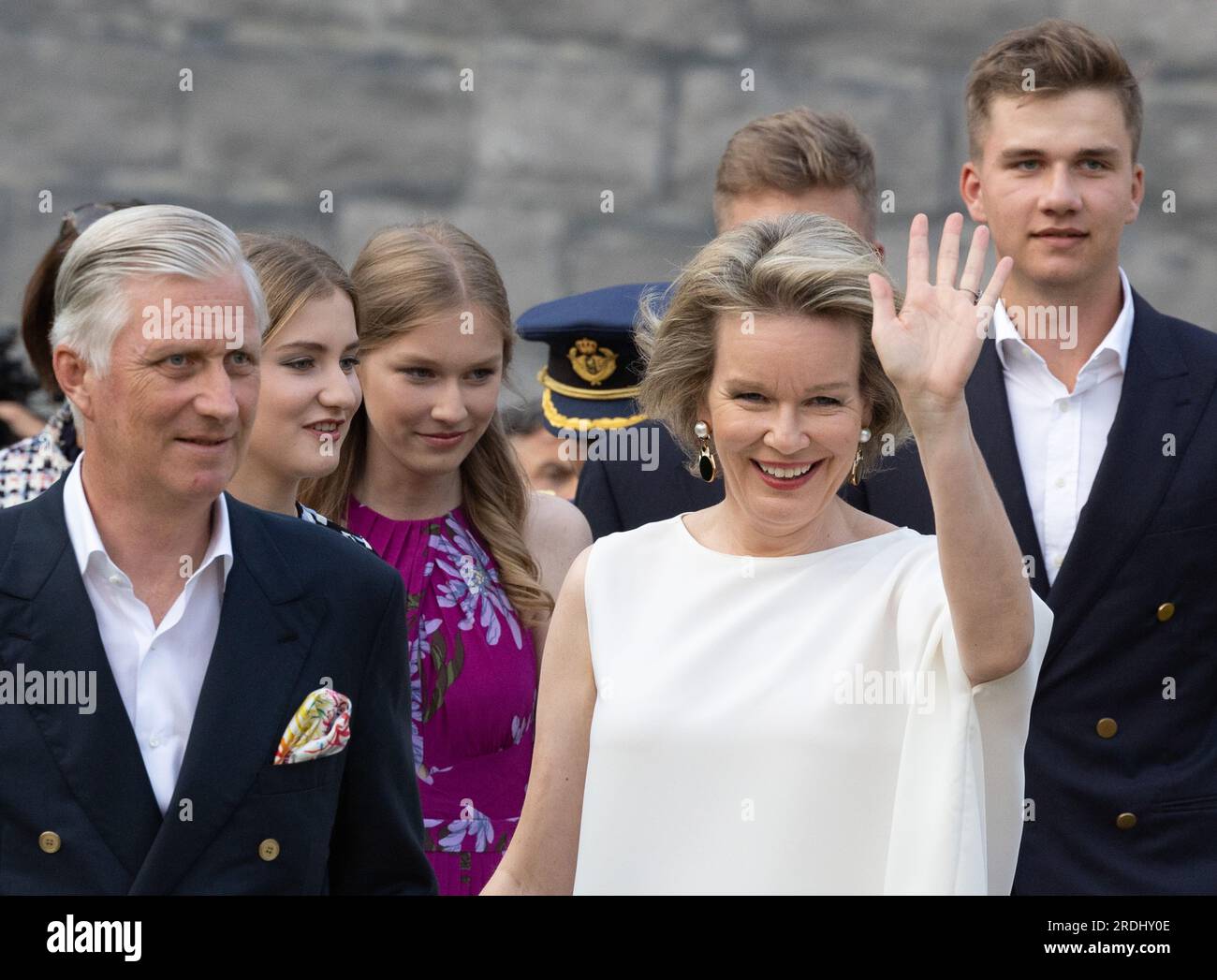 Brussels, Belgium. 21st July, 2023. King Philippe - Filip of Belgium, Crown Princess Elisabeth, Princess Eleonore, Queen Mathilde of Belgium and Prince Gabriel pictured at the concert and fireworks spectacle 'Belgium Celebrates - Belgie viert feest - La Belgique fait la fete' event, at the Parc du Cinquantenaire - Jubelpark, the evening of the Belgian National Day, in Brussels, Friday 21 July 2023. BELGA PHOTO BENOIT DOPPAGNE Credit: Belga News Agency/Alamy Live News Stock Photo