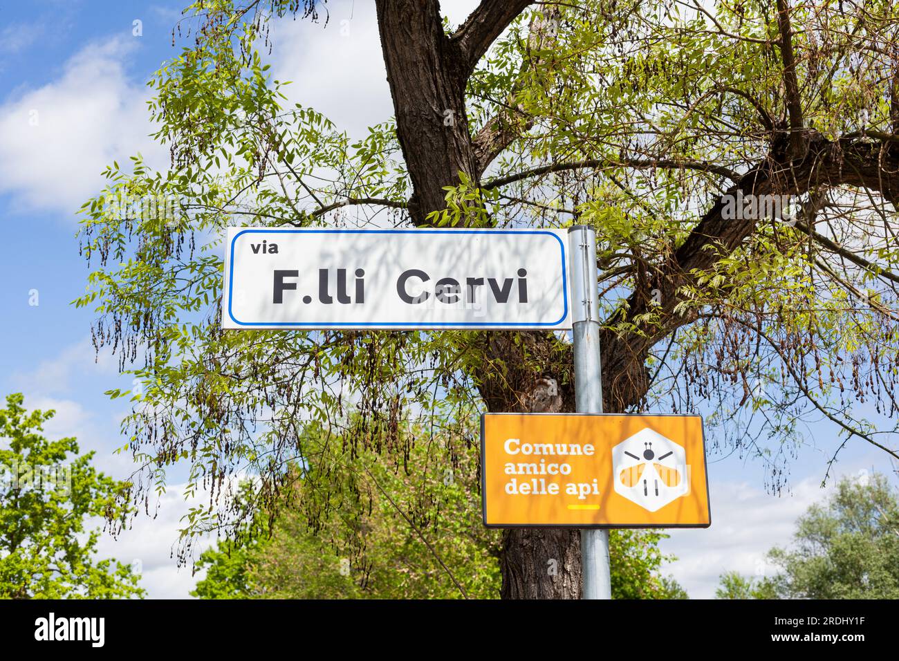 Gattatico, Reggio Emilia, Italy - April 25, 2023: Close-up of Italian street signs dedicated to the Cervi Brothers executed by a firing squad. Symbol Stock Photo