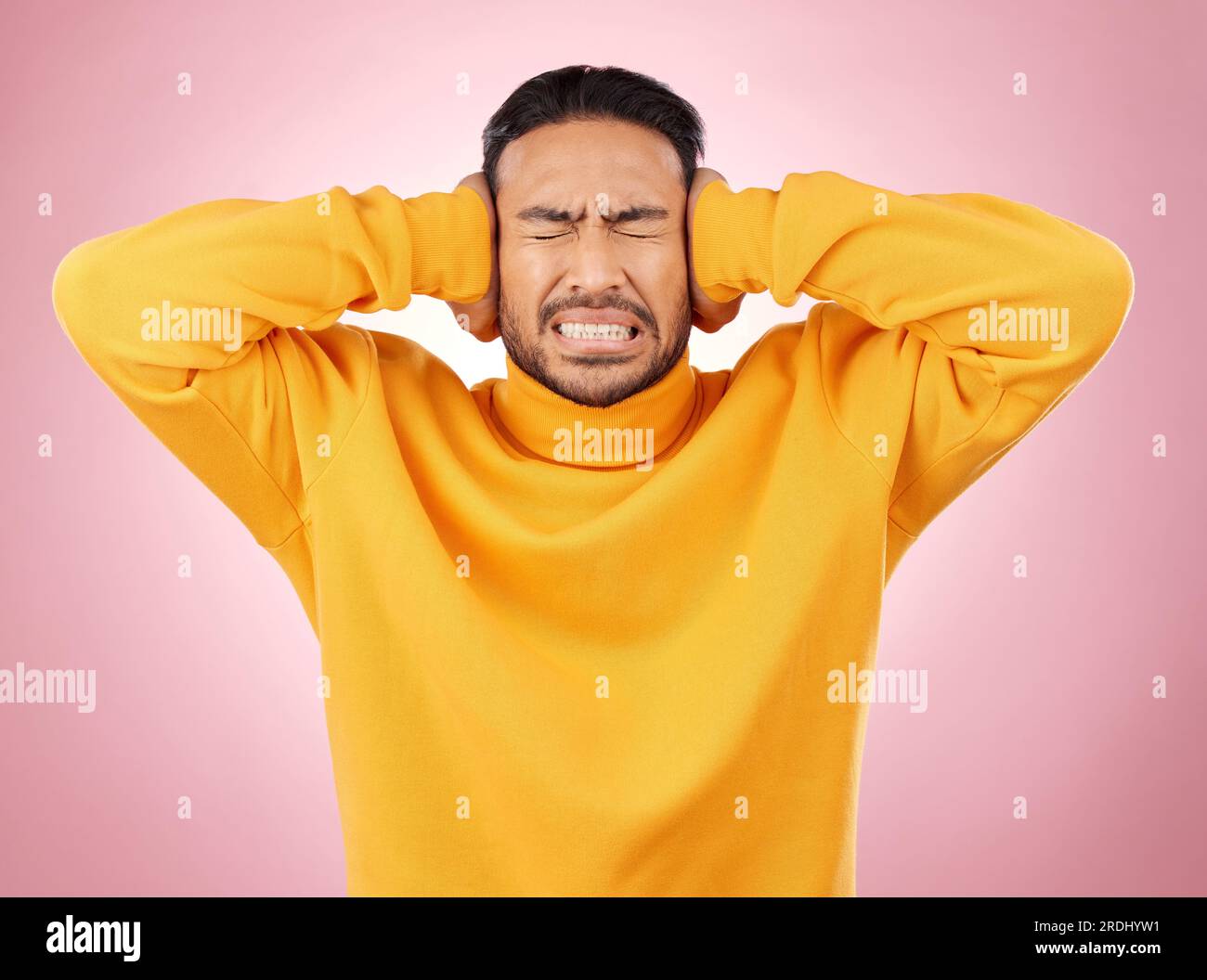 Man, headache and cover ears for stress or mental health of student