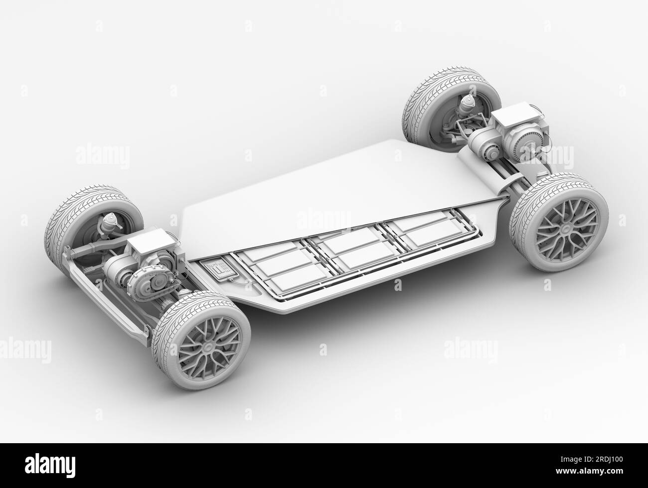 Clay rendering of Electric Vehicle Chassis with Dual Motors and Solid-state battery pack. Cutaway view. 3D rendering image. Stock Photo