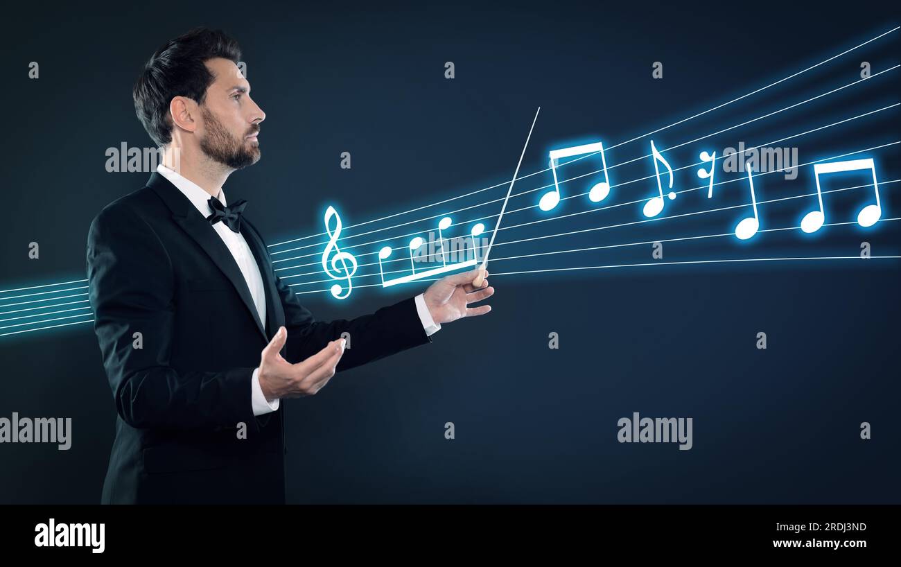 Conductor with baton and music notes on dark background, banner design ...
