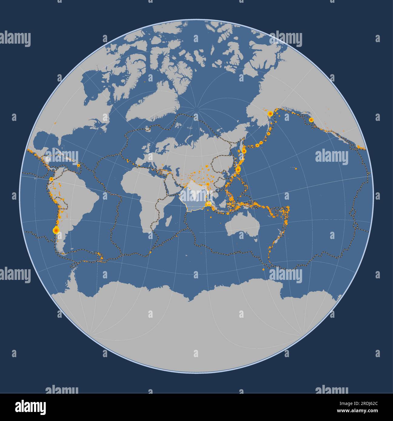 Indian tectonic plate on the solid contour map in the Lagrange Oblique projection centered meridionally and latitudinally. Locations of earthquakes ab Stock Vector