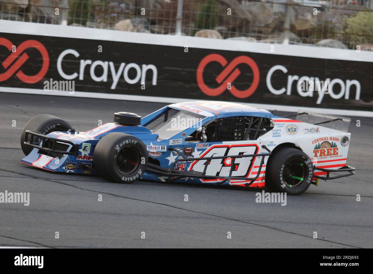 LOUDON, NH - JULY 15: Matt Kimball (#43 William P. Kimball Trucking, J&M  Towing Recovery; Poodiack Wealth Management; Edmunds Ace Hardware; Central  Mass Tree Modified) during the Whelen Modified Tour Mohegan Sun