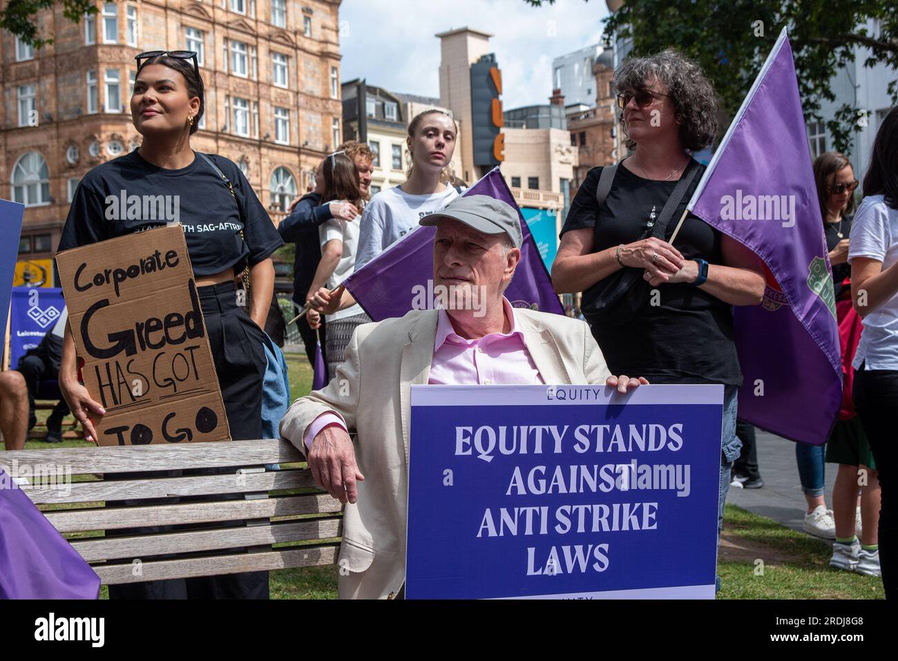 London, UK. 21st July, 2023. Protesters hold placards during the demonstration. Equity held a protest at the Leicester Square by the William Shakespeare sculpture to show their solidarity with the Sag-Aftra in the US. Along the Labour MP John McDonnell many famous British actresses and actors attended the demonstration like Brian Cox, Andy Serkis, Rob Delaney, Simon Pegg, Jim Carter and Imelda Staunton. (Photo by Krisztian Elek/SOPA Images/Sipa USA) Credit: Sipa USA/Alamy Live News Stock Photo