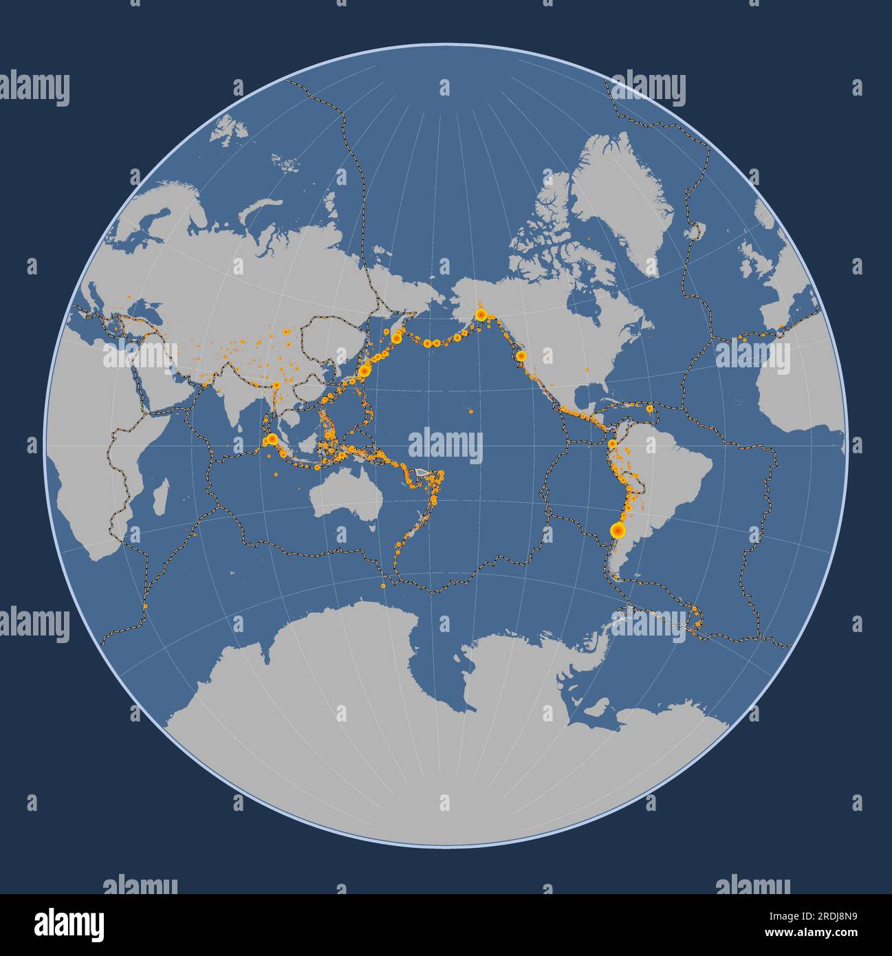 Shape of the Balmoral Reef tectonic plate on the solid contour map in the Lagrange projection centered meridionally. Locations of earthquakes above Ri Stock Vector
