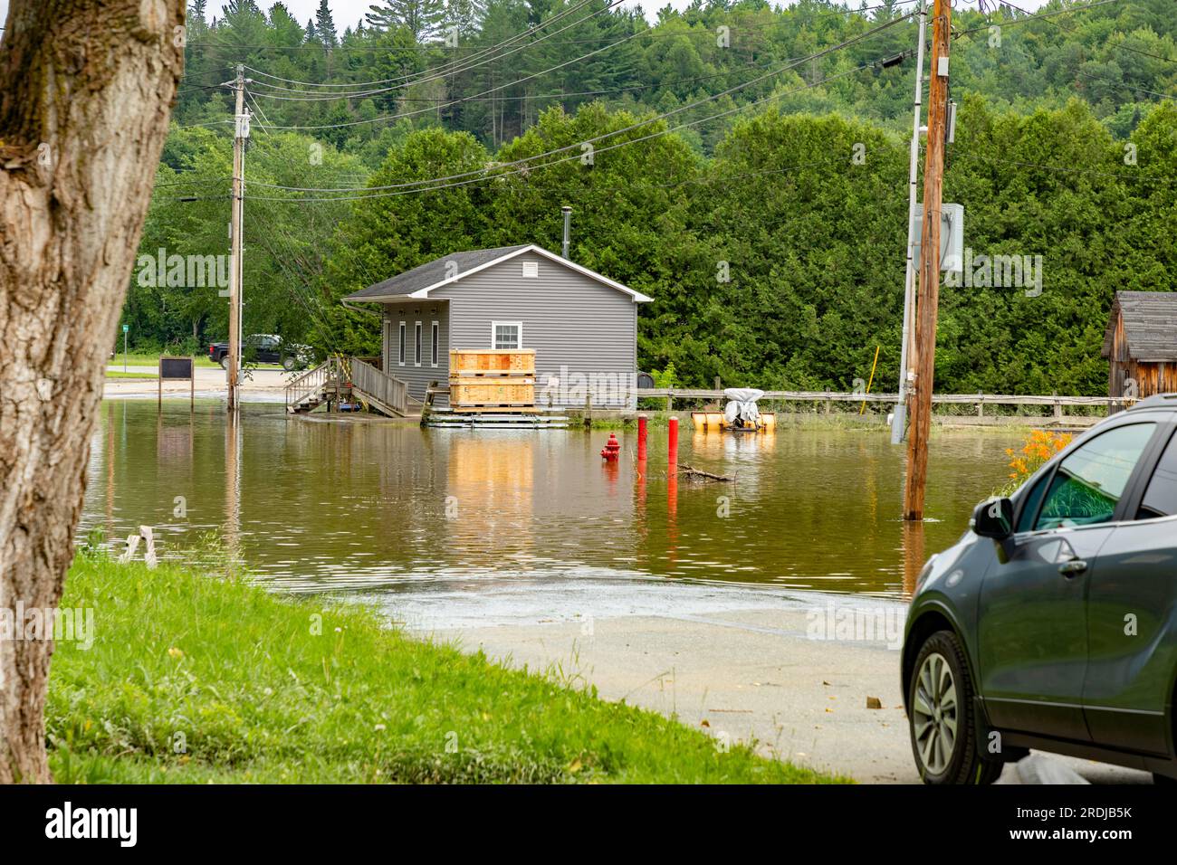Coventry, Vermont, United States July 12, 2023 A flooded road is