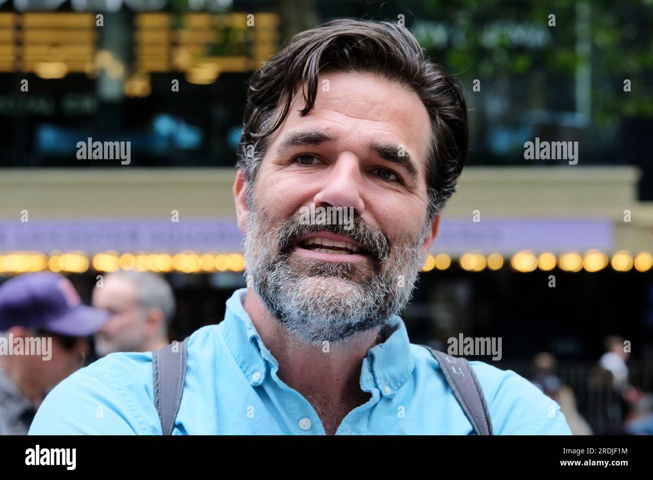 London, UK. 21st July, 2023. Actor, comedian, writer and activist Rob Delaney is interviewed by media. A rally organised by acting union Equity was attended by hundreds of members and A-list stars in solidarity with striking Sag-Aftra colleagues, who walked-out last week over pay and the use of artificial intelligence in the industry. Credit: Eleventh Hour Photography/Alamy Live News Stock Photo