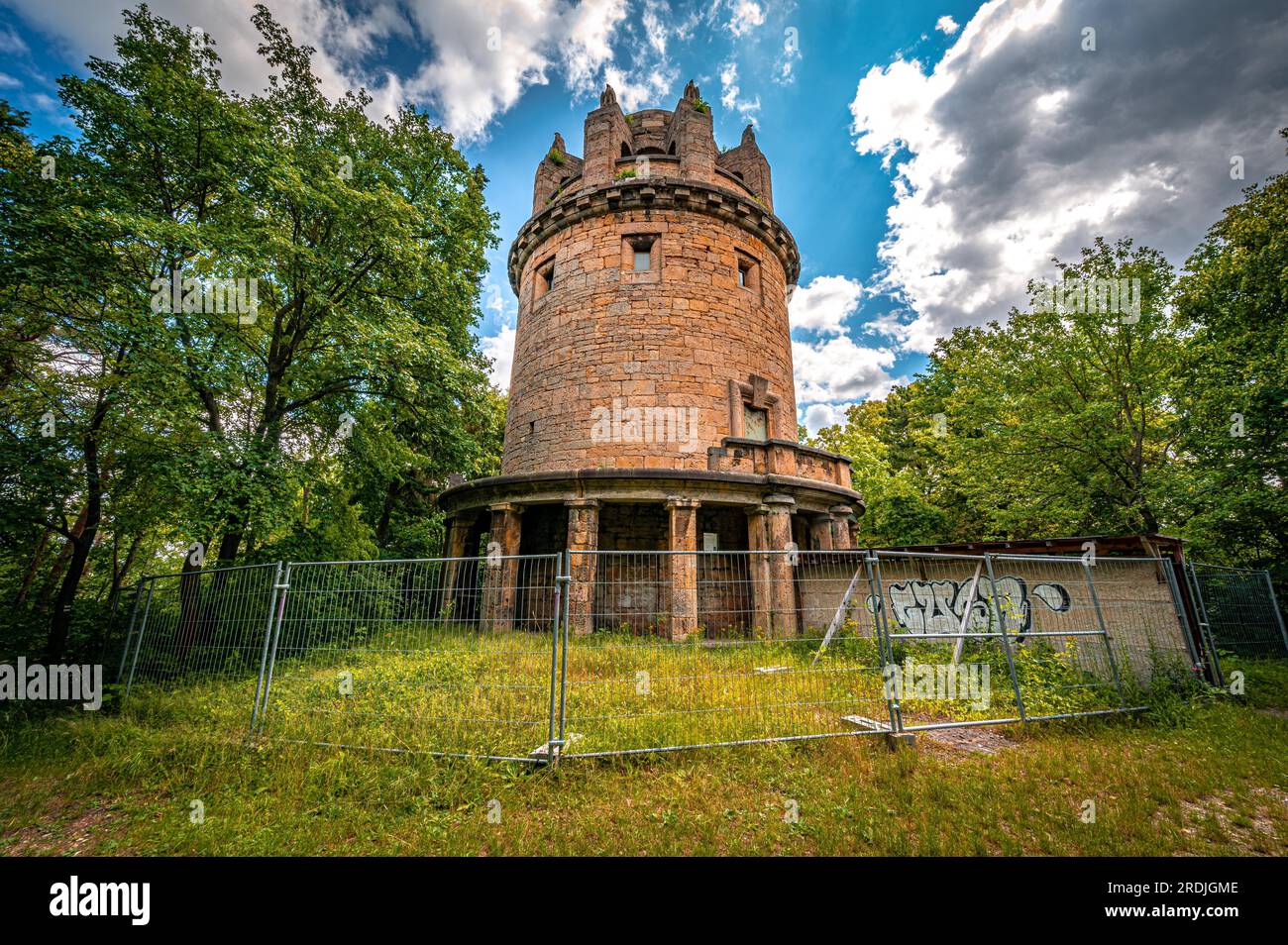 The Bismarkturm in Jena am Forst in the forest with blue sky and veil