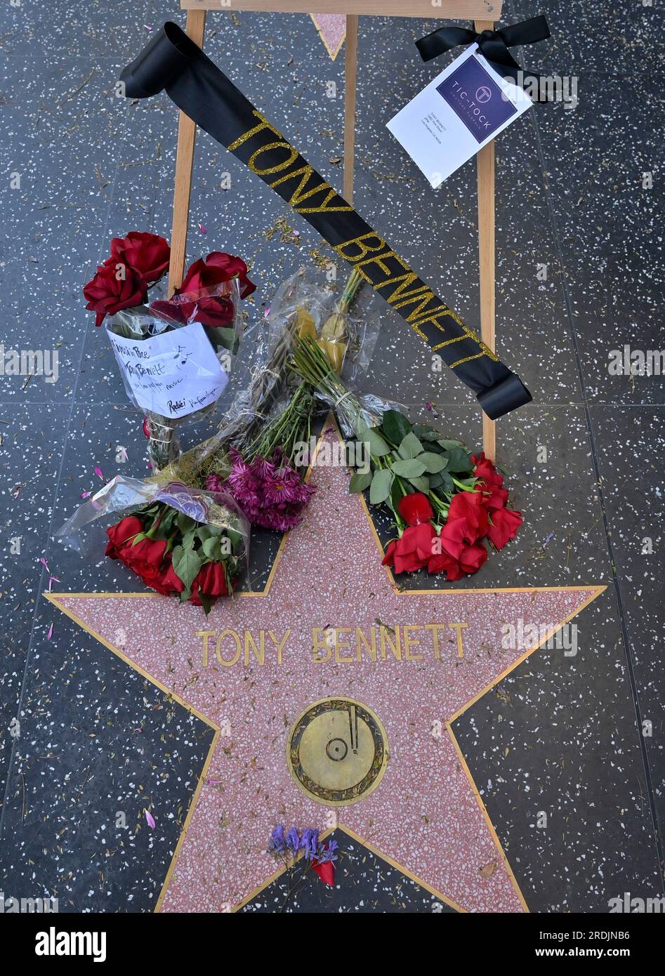 Los Angeles, United States. 21st July, 2023. Flowers are place on singer Tony Bennett's star on Vine Street in the Hollywood section of Los Angeles on Friday, July 21, 2023. Bennett, who released more than 70 albums over a music career that spanned decades, died in his hometown of New York at age 96. Bennett, who earned the admiration of generations of performers from Frank Sinatra to Lady Gaga and Amy Winehouse was a true citizen of the world, an interpreter of the Great American Songbook for fans around the globe. Photo by Jim Ruymen/UPI Credit: UPI/Alamy Live News Stock Photo