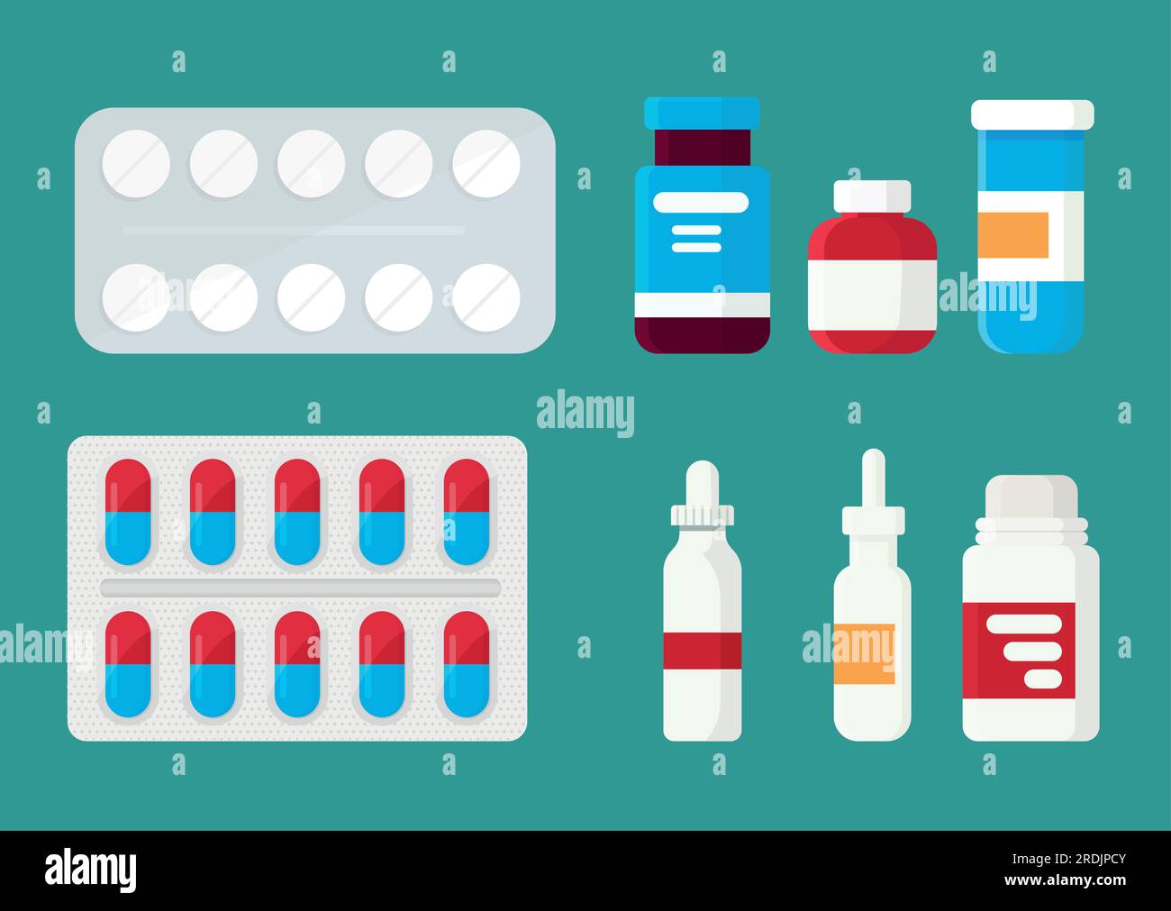 Pharmacy set items. Medicines, medical products. Vector illustration in flat cartoon style. Stock Vector