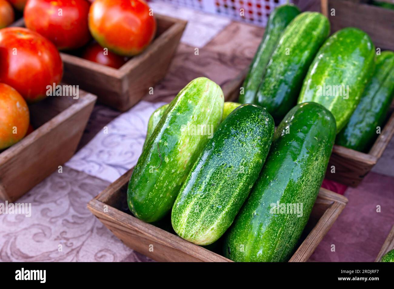 Fresh cucumbers and tomatoes on display at a farmers market in July ...