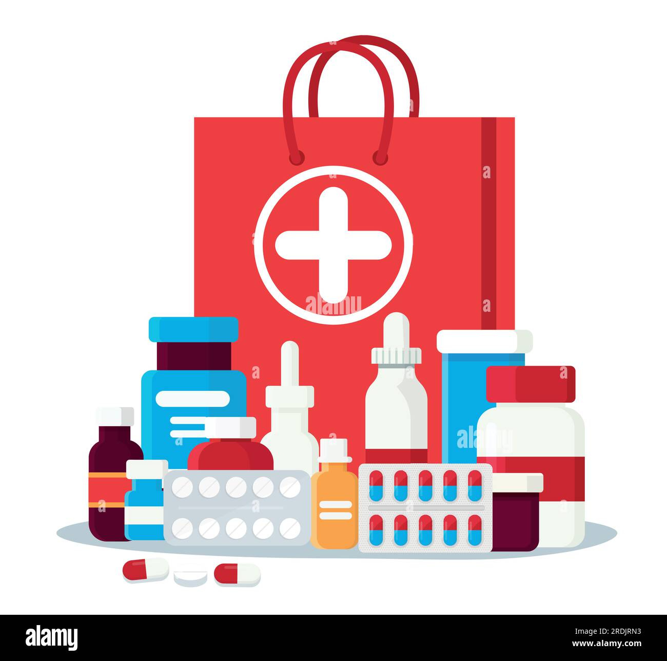Pharmacy set items. Medicines, medical products. Vector illustration in