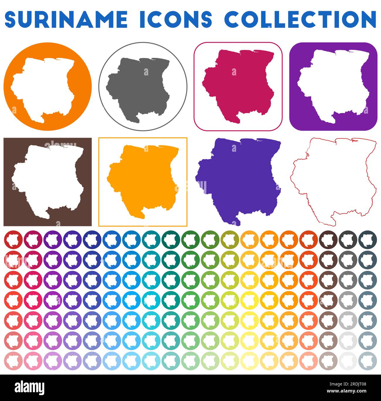 Suriname icons collection. Bright colourful trendy map icons. Modern Suriname badge with country map. Vector illustration. Stock Vector