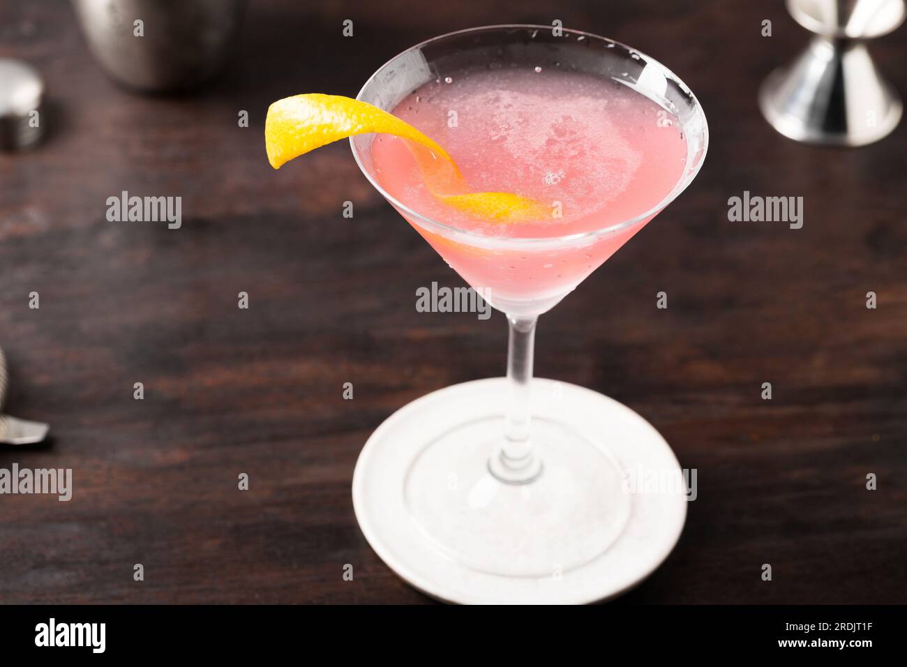 Pink Cosmopolitan Cocktail classic gin, triple sec liqueur, fresh lemon juice and raspberry