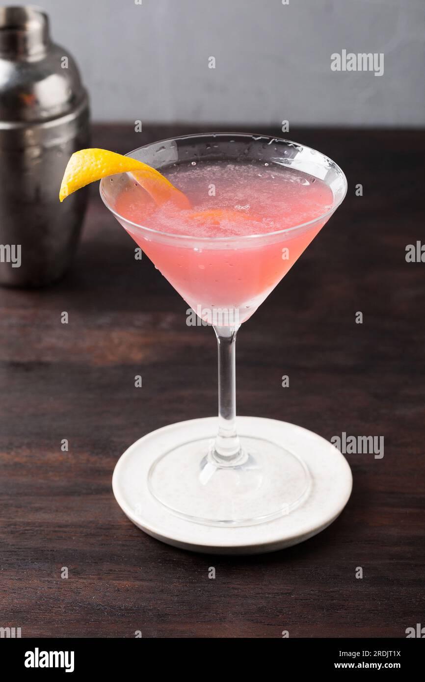 Pink Cosmopolitan Cocktail classic gin, triple sec liqueur, fresh lemon juice and raspberry