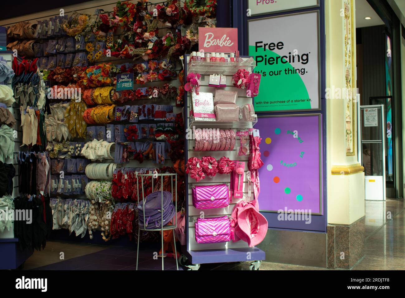 Barbie accessories at Claire's Accessories Trafford Centre shopping Mal. Sign for Free Piercing. Manchester UK Stock Photo