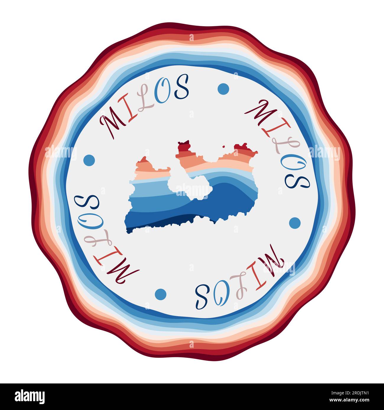 Milos badge. Map of the island with beautiful geometric waves and vibrant red blue frame. Vivid round Milos logo. Vector illustration. Stock Vector