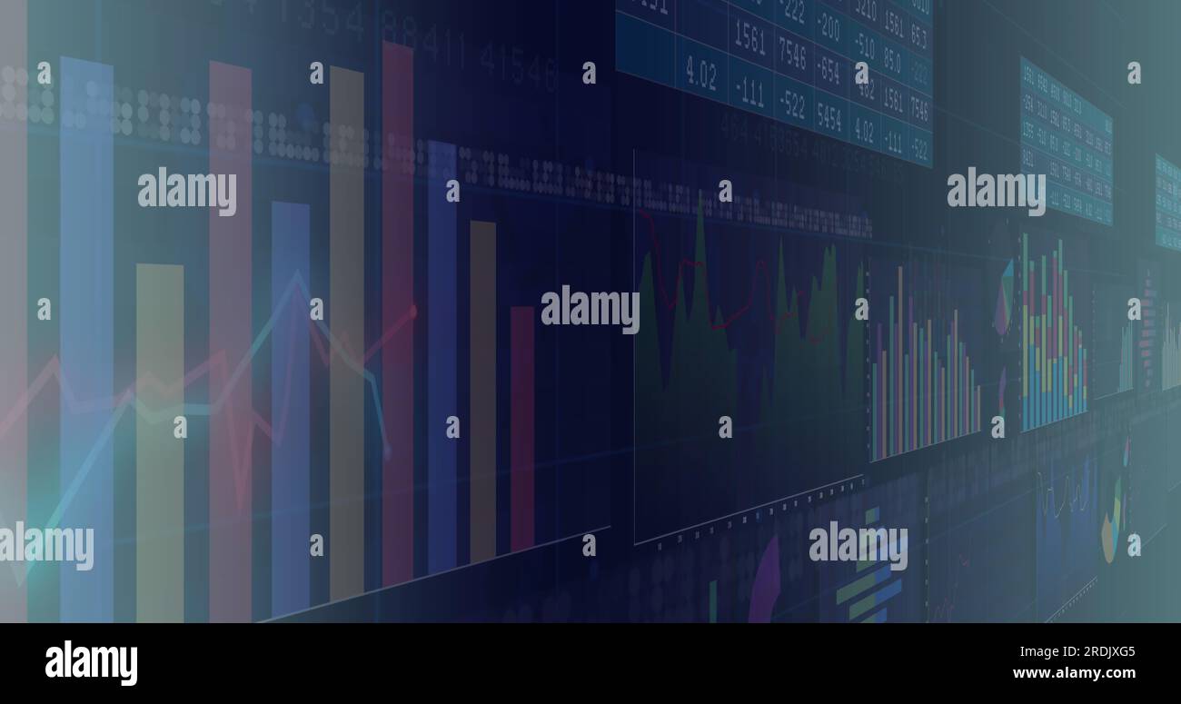 Composite of financial data processing over dark background Stock Photo