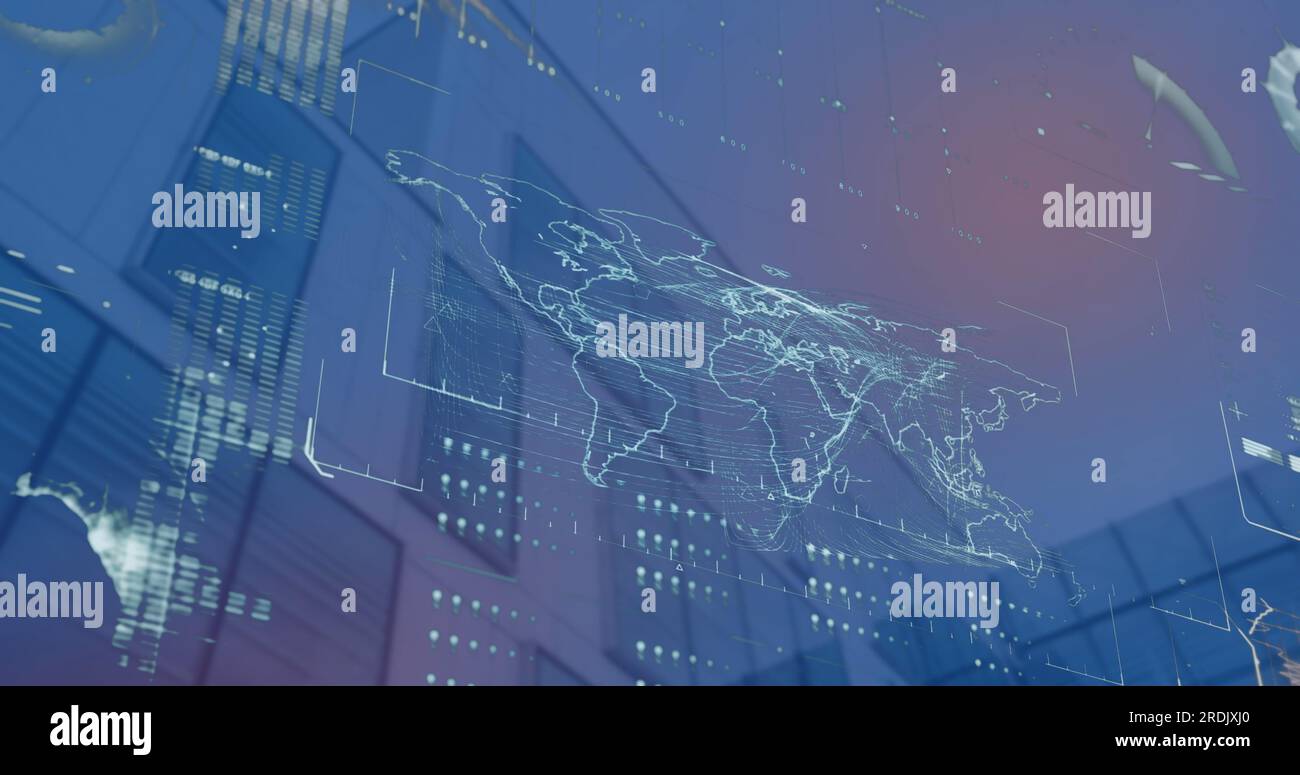 Image of interface with data processing over world map against low ...
