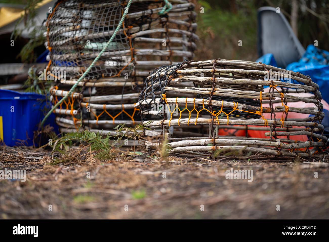 crayfish cray pots on the back of a fishing boat in tasmania australia