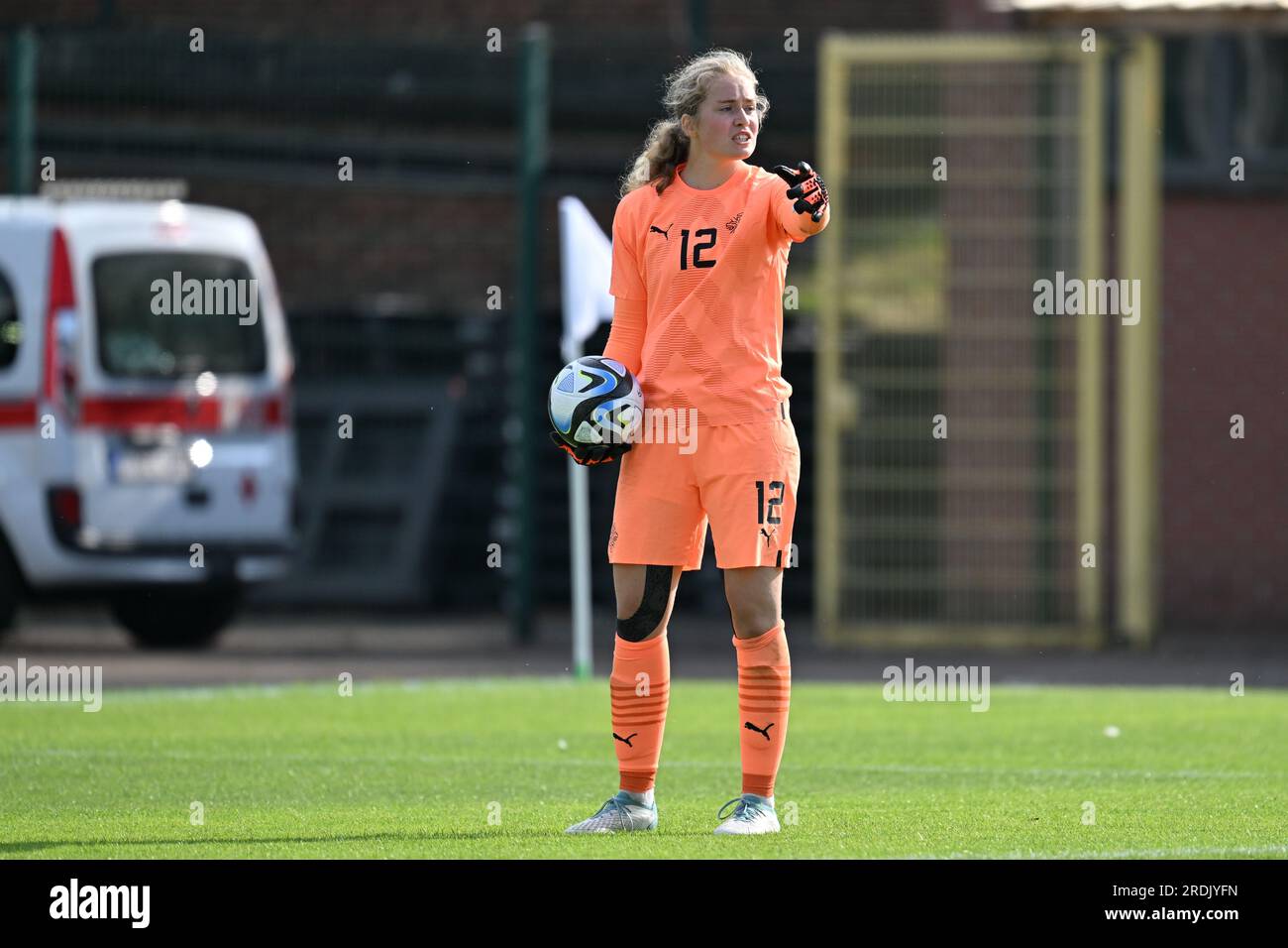 La Louviere, Belgium. 21st July, 2023. goalkeeper Fanney Inga Birkisdottir (12) of Iceland pictured during a female soccer game between the national women under 19 teams of Iceland and Czechia at the UEFA Women's Under-19 EURO Final Tournament on the second matchday in Group B on Friday 21 July 2023 in La Louviere, Belgium . Credit: sportpix/Alamy Live News Stock Photo