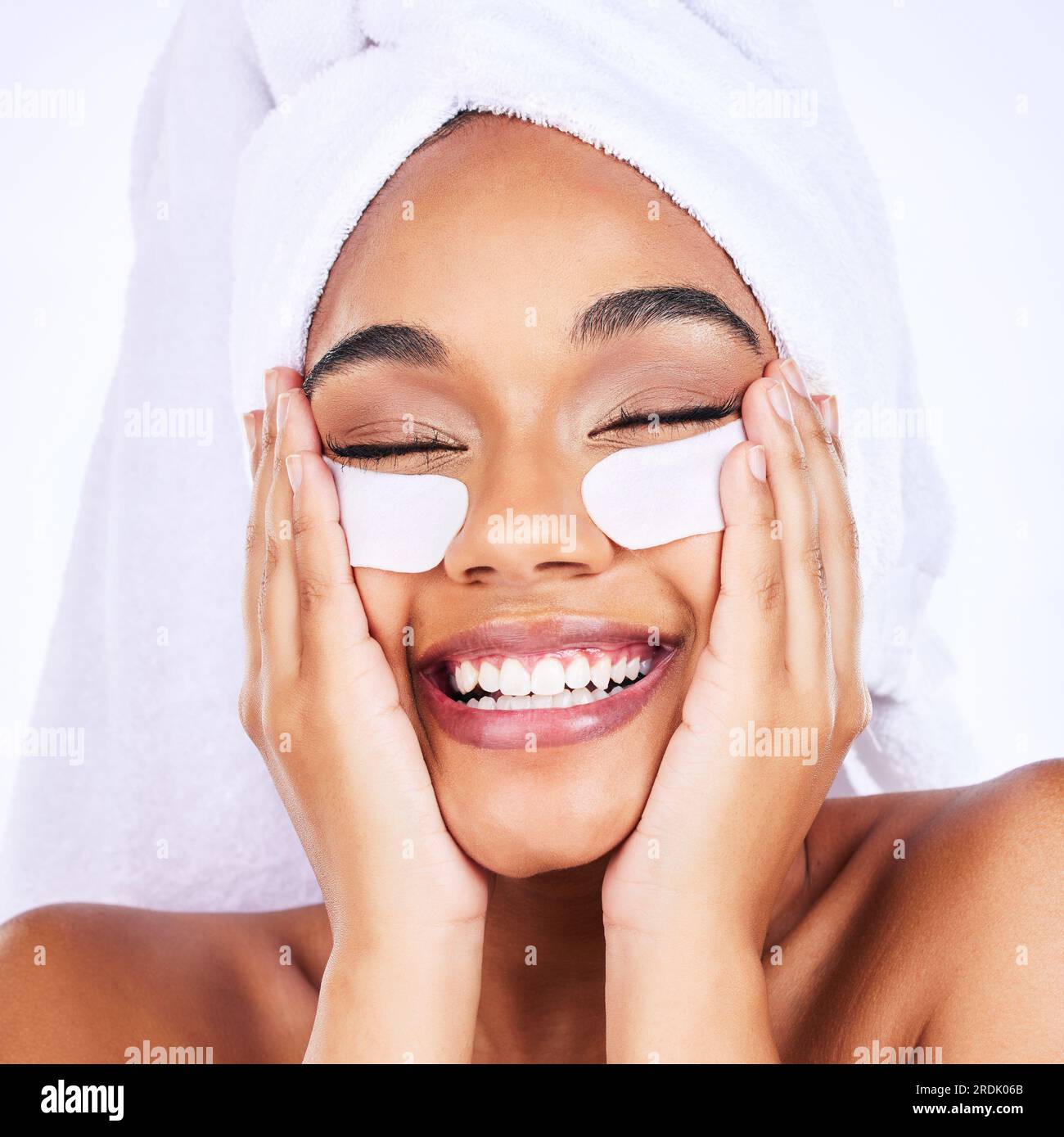Skincare, face and woman with eye patch in studio for wellness