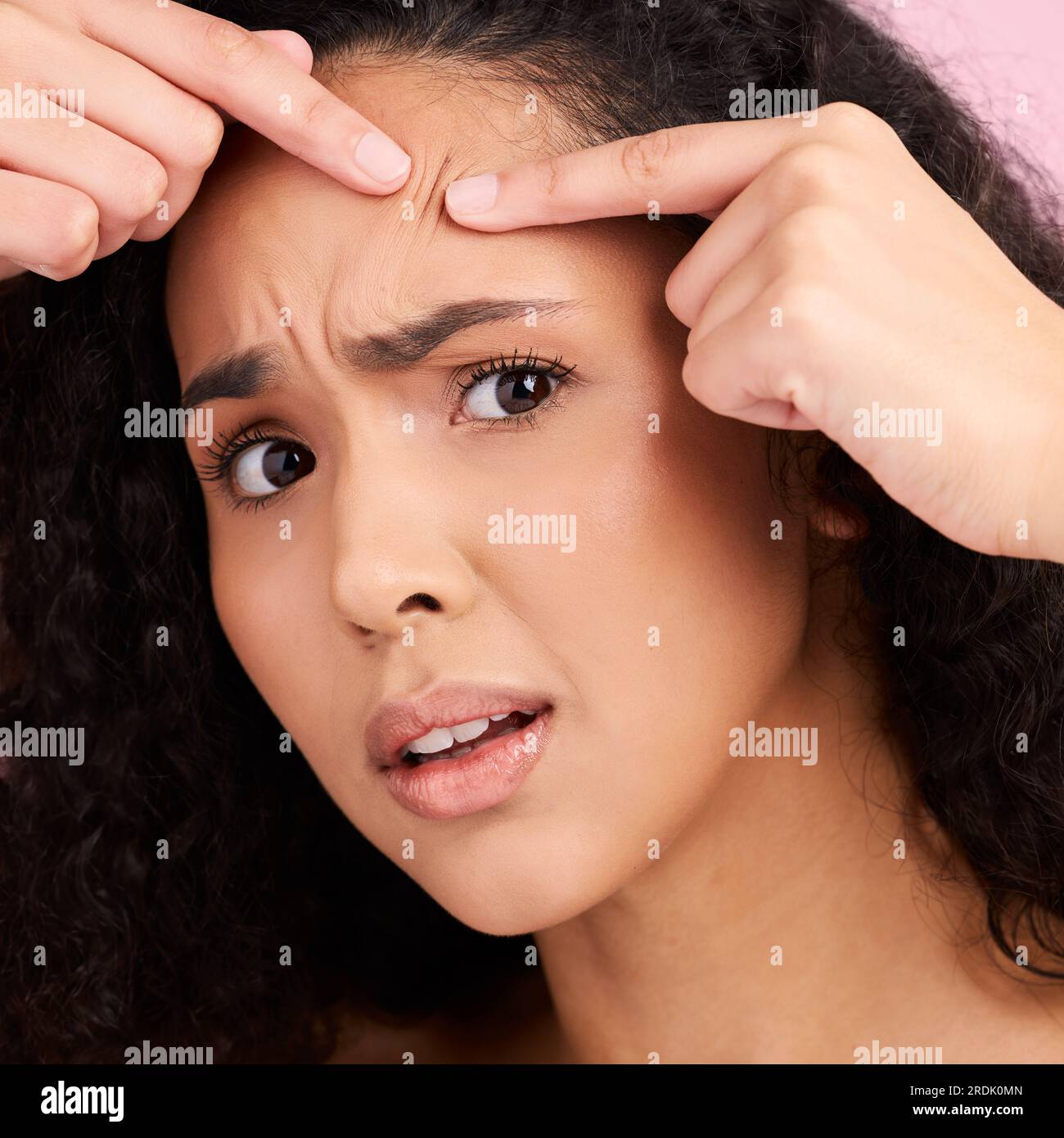 Skincare, woman and squeeze pimple or problem with natural beauty in