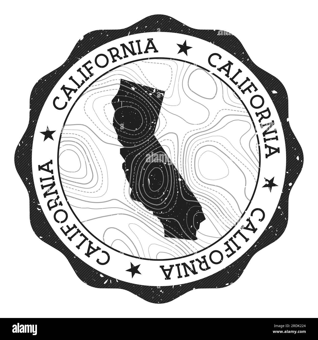 California outdoor stamp. Round sticker with map of us state with topographic isolines. Vector illustration. Can be used as insignia, logotype, label, Stock Vector