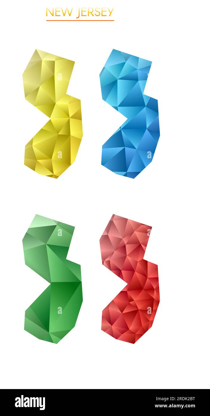 Set of vector polygonal maps of New Jersey. Bright gradient map of US state in low poly style. Stock Vector