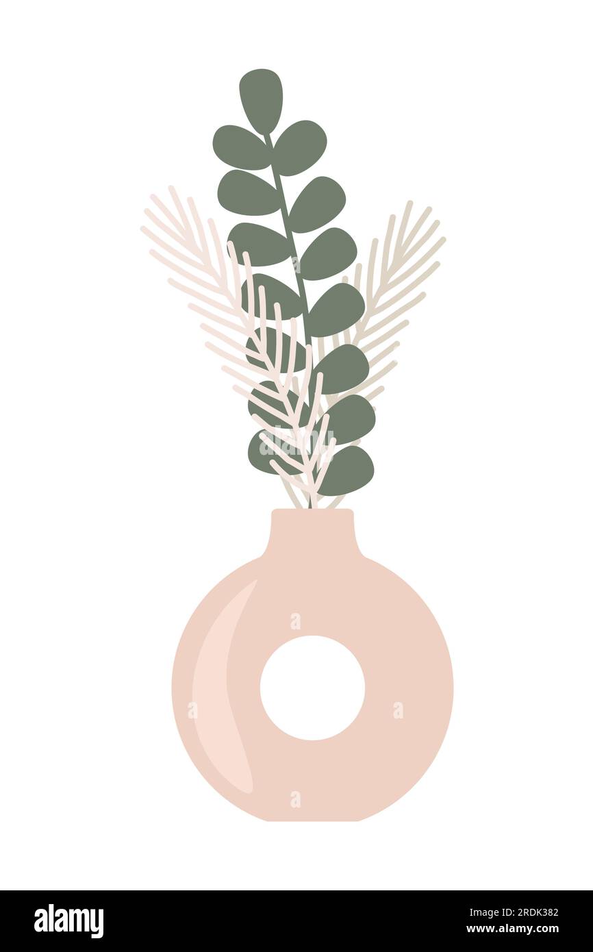 Boho style geometric shape round vase with pampas grass bouquet and eucaliptus branch, vector illustration Stock Vector