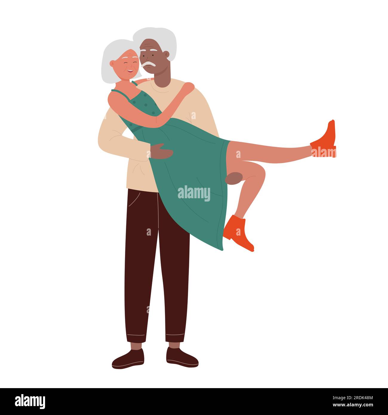Old man holds his wife in arms. Couple cuddling moment, lovely partners vector illustration Stock Vector