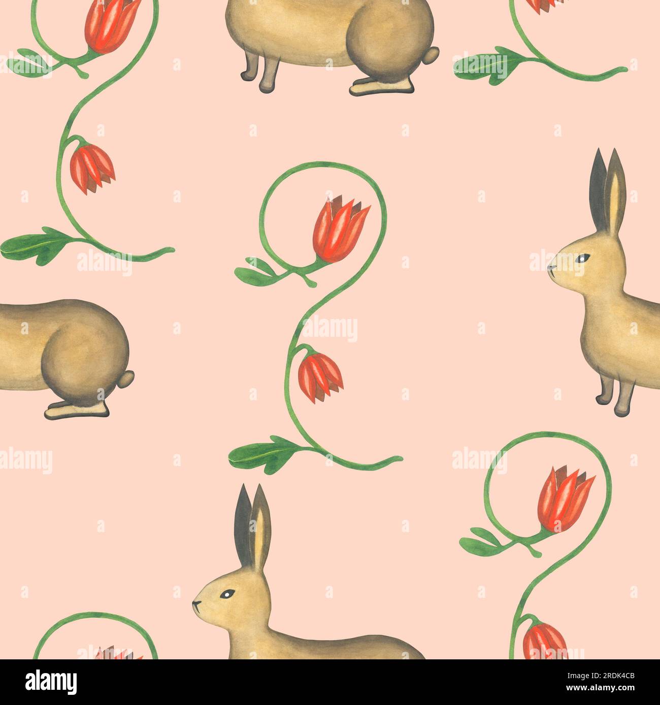 Watercolor illustrations rabbits and plants in medieval style. Seamless pattern hand drawn on a pink background. Medieval tapestry Stock Photo