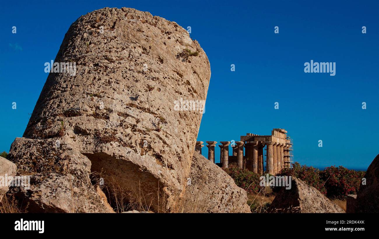 Detail, super wide angle shot, column remnant, Temple G, Temple of Zeus, Selinunte, Archaeological Site, Southwest Sicily, Sicily, Italy Stock Photo