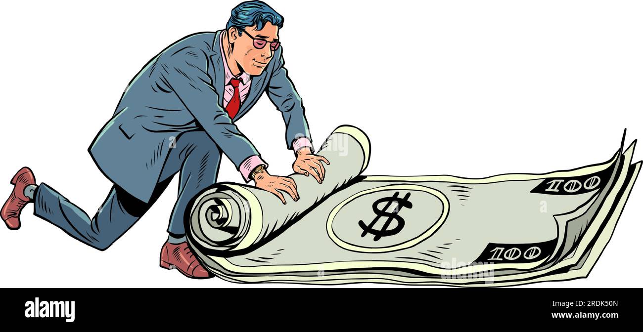 Earnings of an employee of a large corporation. Getting income and organizing it for yourself. A man in a suit and glasses rolls up dollar bills. Pop Stock Vector