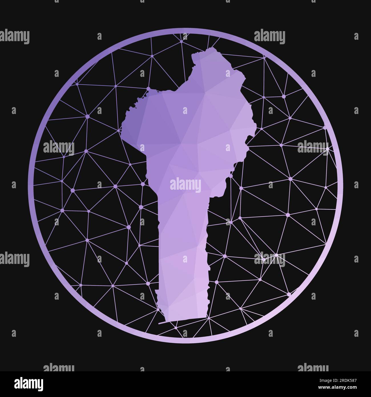 Benin icon. Vector polygonal map of the country. Benin icon in geometric style. The country map with purple low poly gradient on dark background. Stock Vector