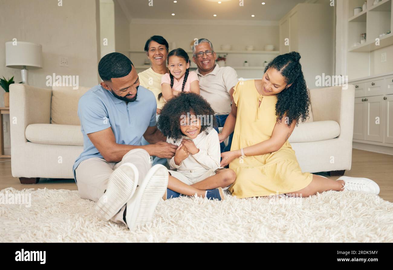 Happy, family and home with fun and tickle with mother, grandparents and  children together. Parent relax, dad love and support with kids on a lounge  Stock Photo - Alamy, image size:1300x893